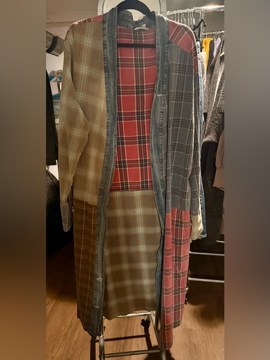 Blue Velvet Jackets & Blazers - Classic Blue Velvet Plaid Flannel Patchwork Very Soft Duster